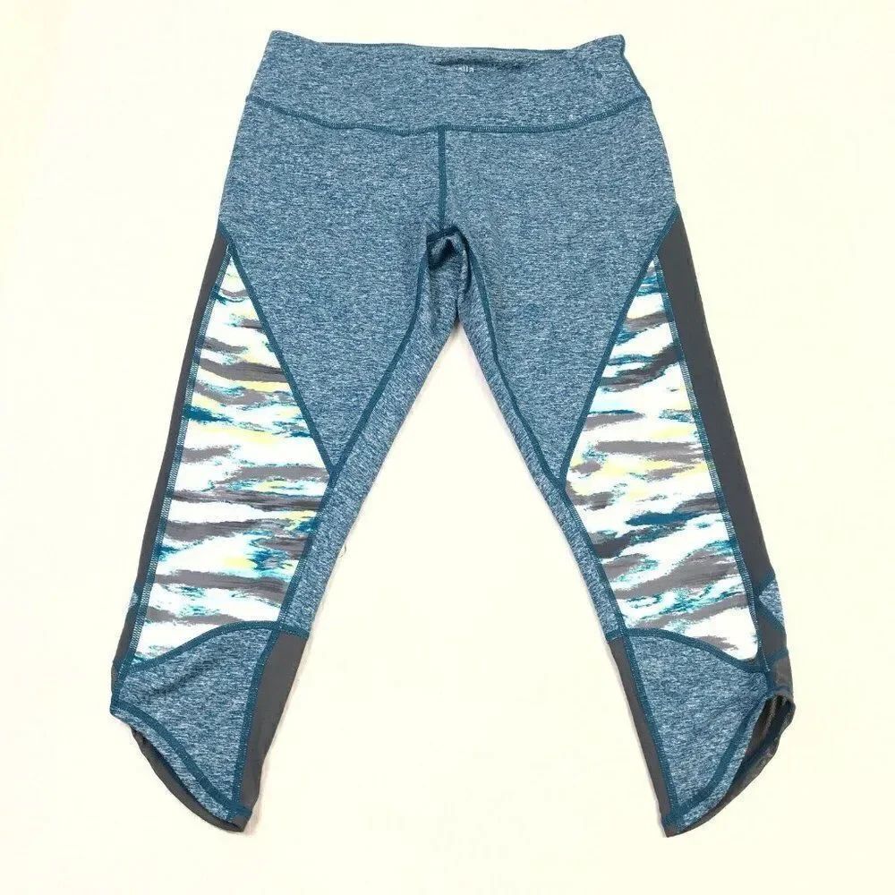 Zella Womens Cropped Leggings Blue Gray White Stretch Mid Rise Mesh M Medium